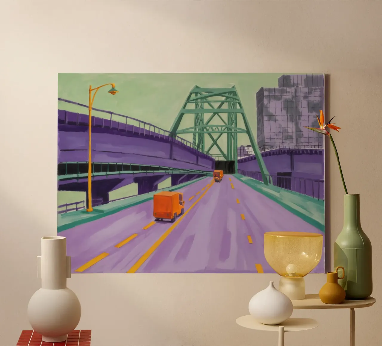 Groen Bruggenperspectief canvas met Baklijst van Silk Palette