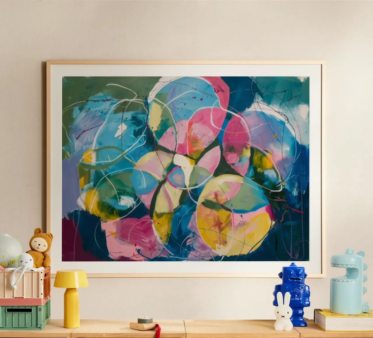 Vortice di fiori celesti poster con telaio in plastica da Dream Spectrum