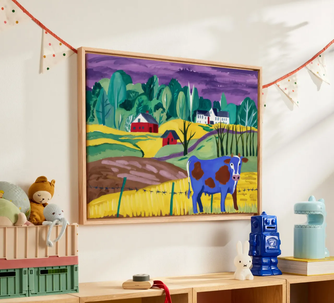 Die Blaue Kuh Leinwand mit Schattenfugenrahmen von Silk Palette
