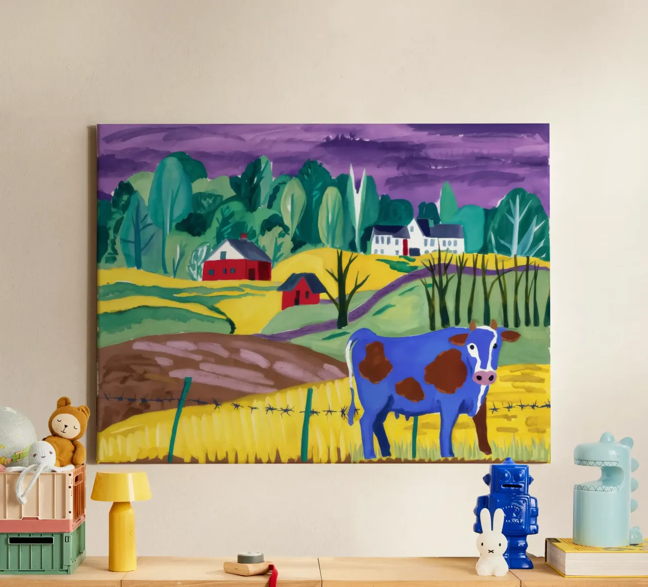 Die Blaue Kuh Leinwand mit Schattenfugenrahmen von Silk Palette