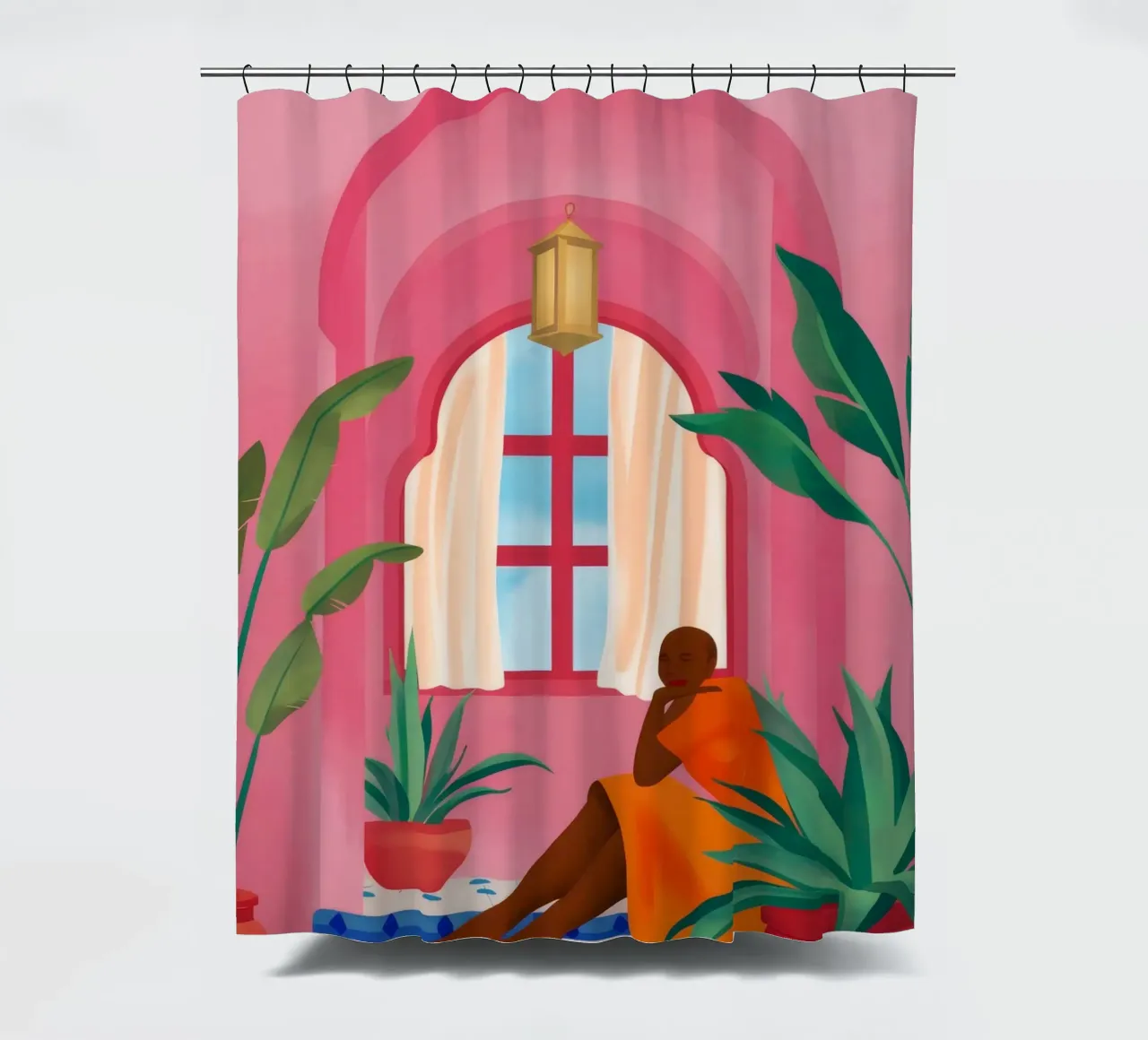 Donna in un arco rosa tenda da doccia da Silk Palette
