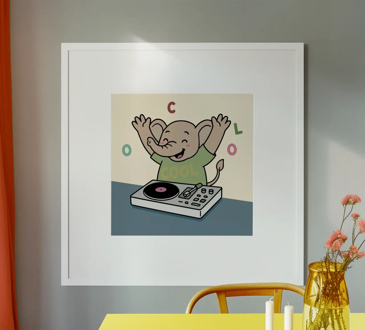 L'éléphant dansant avec un sens musical fait la fête en tant que DJ poster avec cadre en bois de namosh