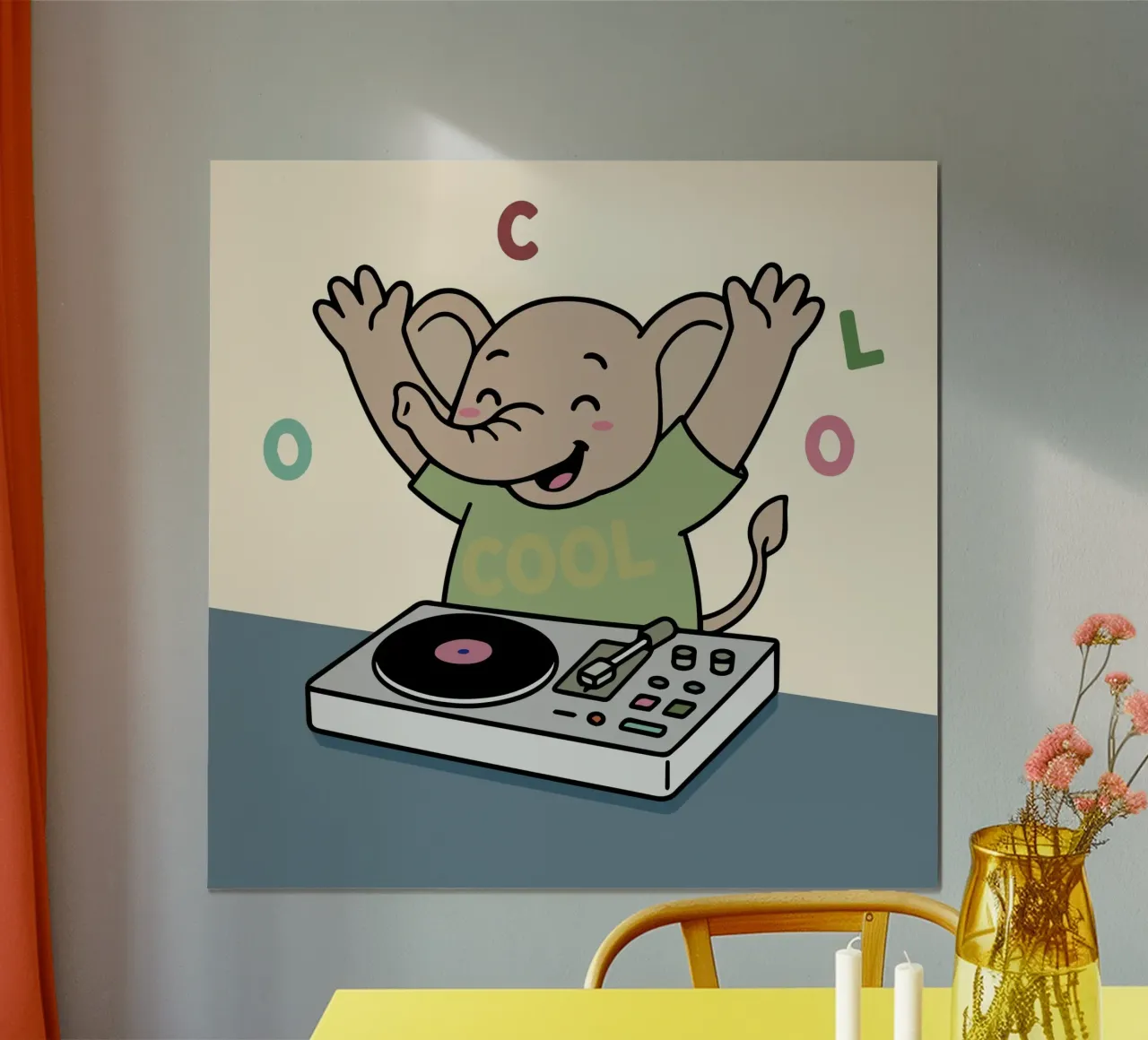 L'éléphant dansant avec un sens musical fait la fête en tant que DJ poster avec cadre en bois de namosh