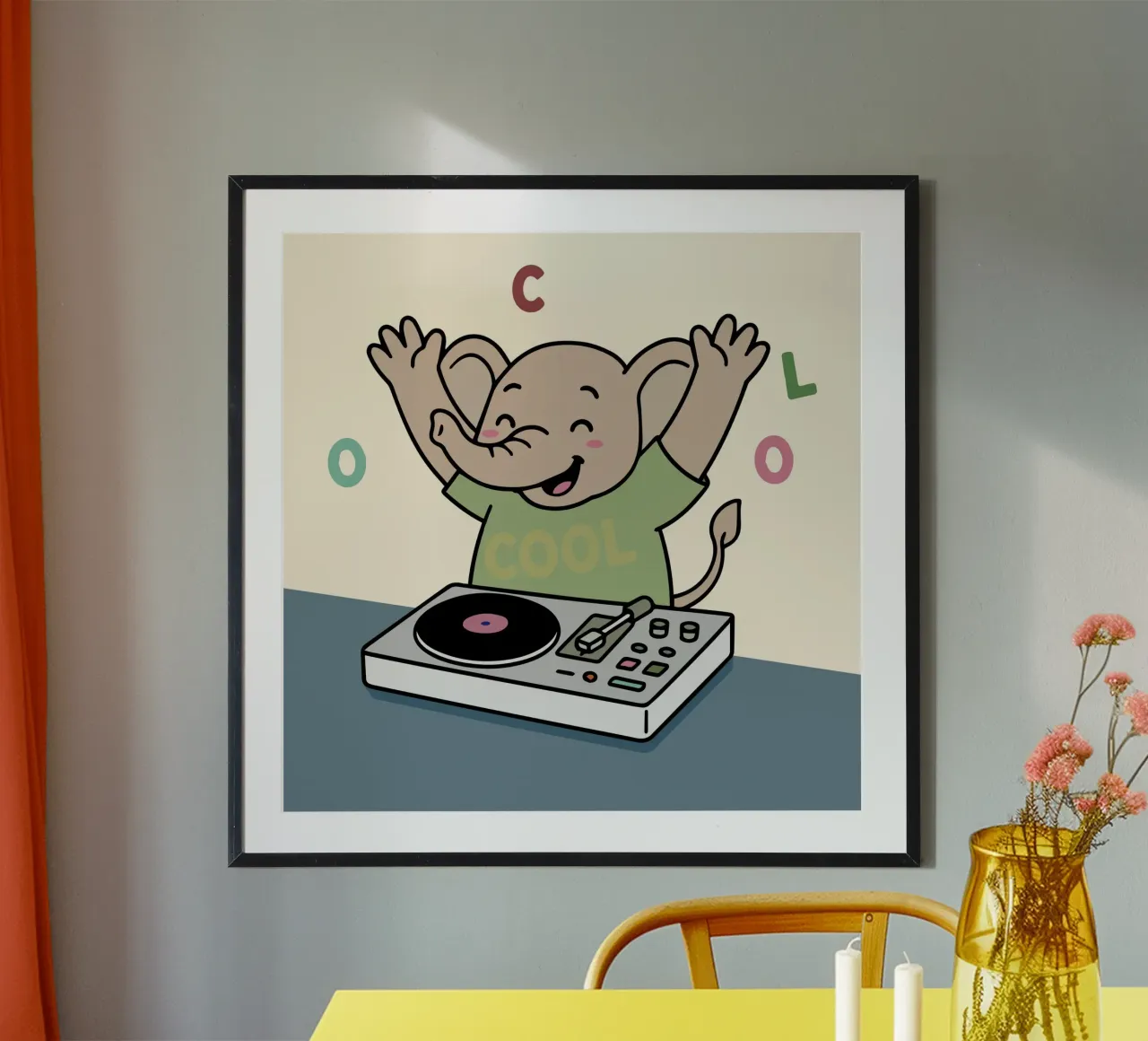 L'éléphant dansant avec un sens musical fait la fête en tant que DJ poster avec cadre en bois de namosh