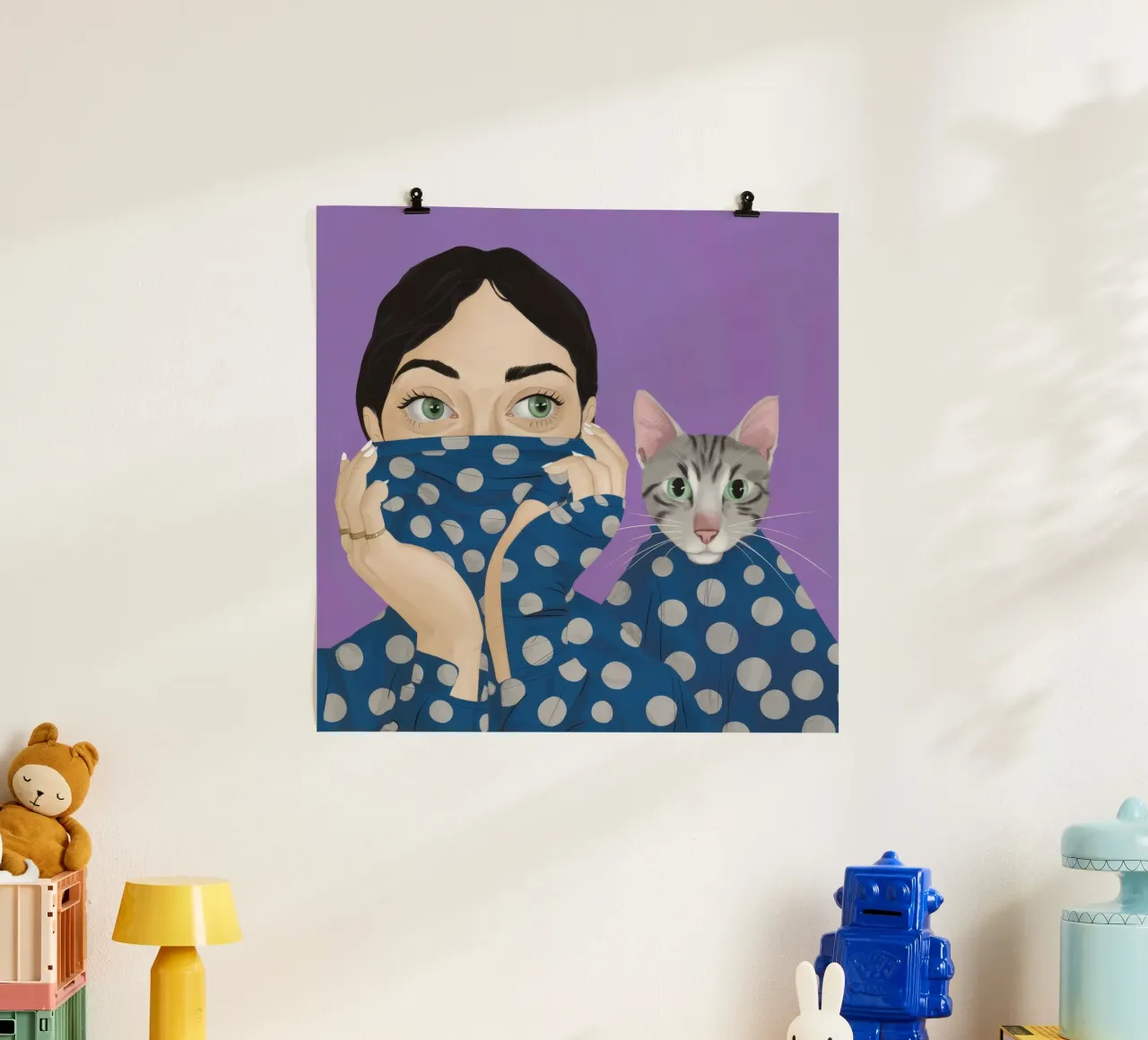 Coccole per gatti a pois poster con telaio in alluminio da Silk Palette