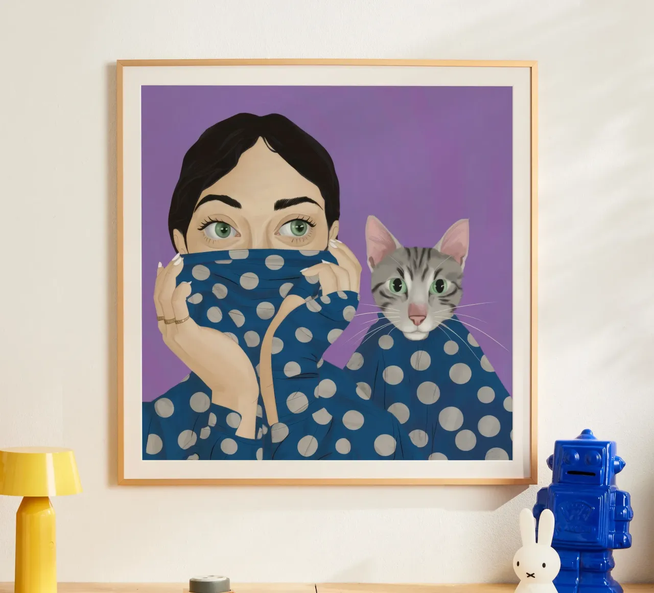 Coccole per gatti a pois poster con telaio in alluminio da Silk Palette