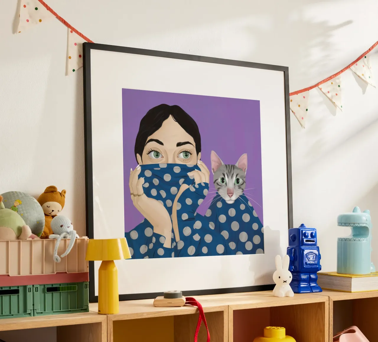 Coccole per gatti a pois poster con telaio in alluminio da Silk Palette