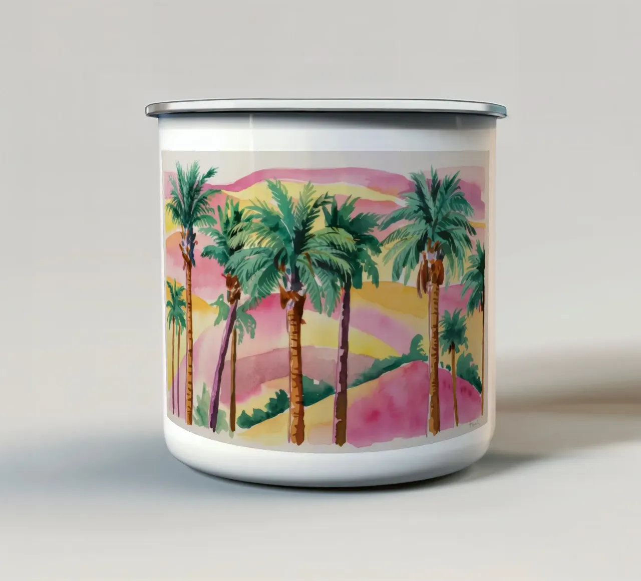Sagome di palme al tramonto tazza in smalto da Dream Spectrum