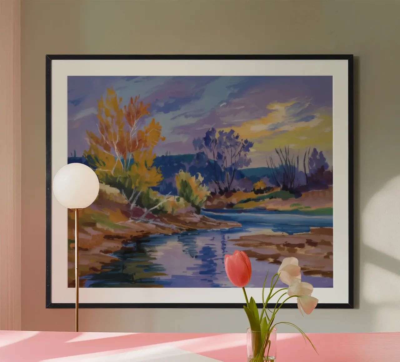 Tramonto sul fiume Ambra poster con telaio in alluminio da Celestial Harmony