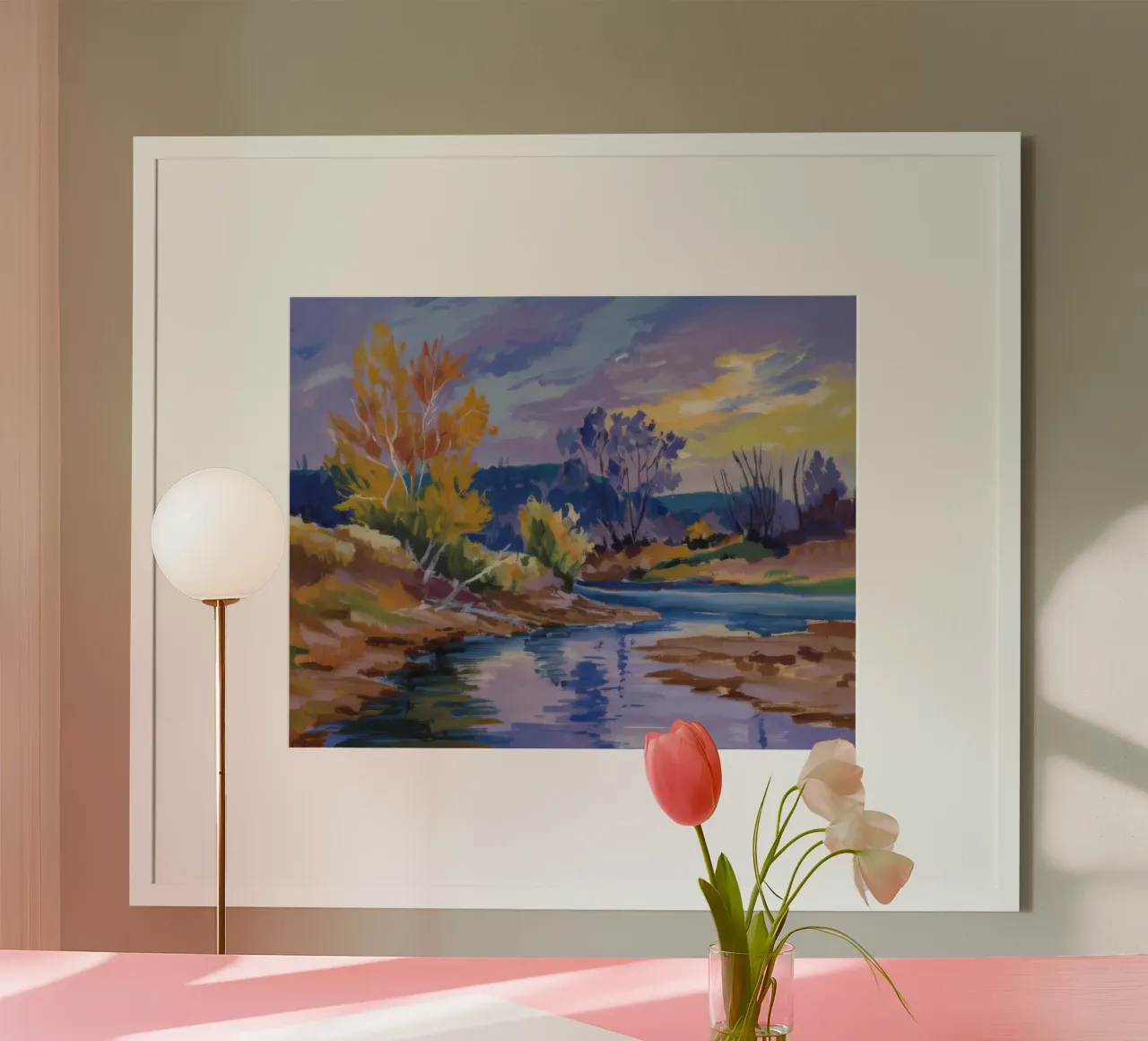 Tramonto sul fiume Ambra poster con telaio in alluminio da Celestial Harmony
