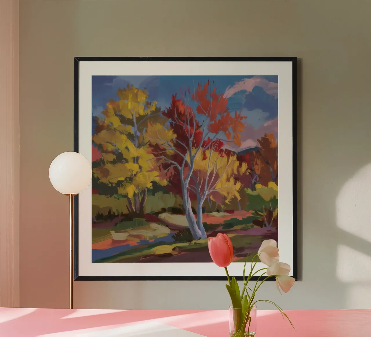 Passaggio d'autunno infuocato poster con telaio in alluminio da Celestial Harmony