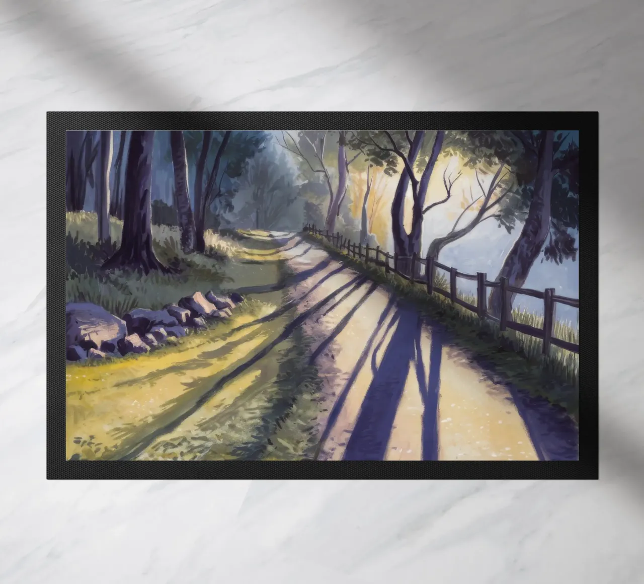 Sun Dappled Forest Path doormat by Opal Strokes