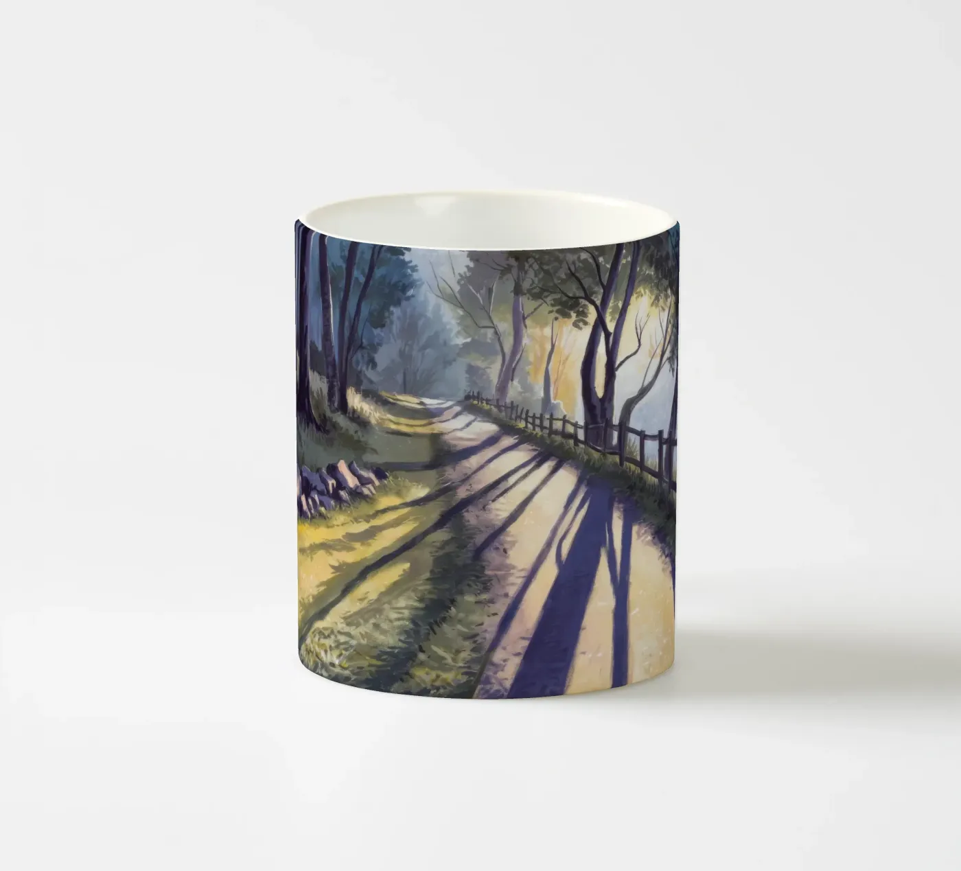 Sun Dappled Forest Path ceramic mug by Opal Strokes