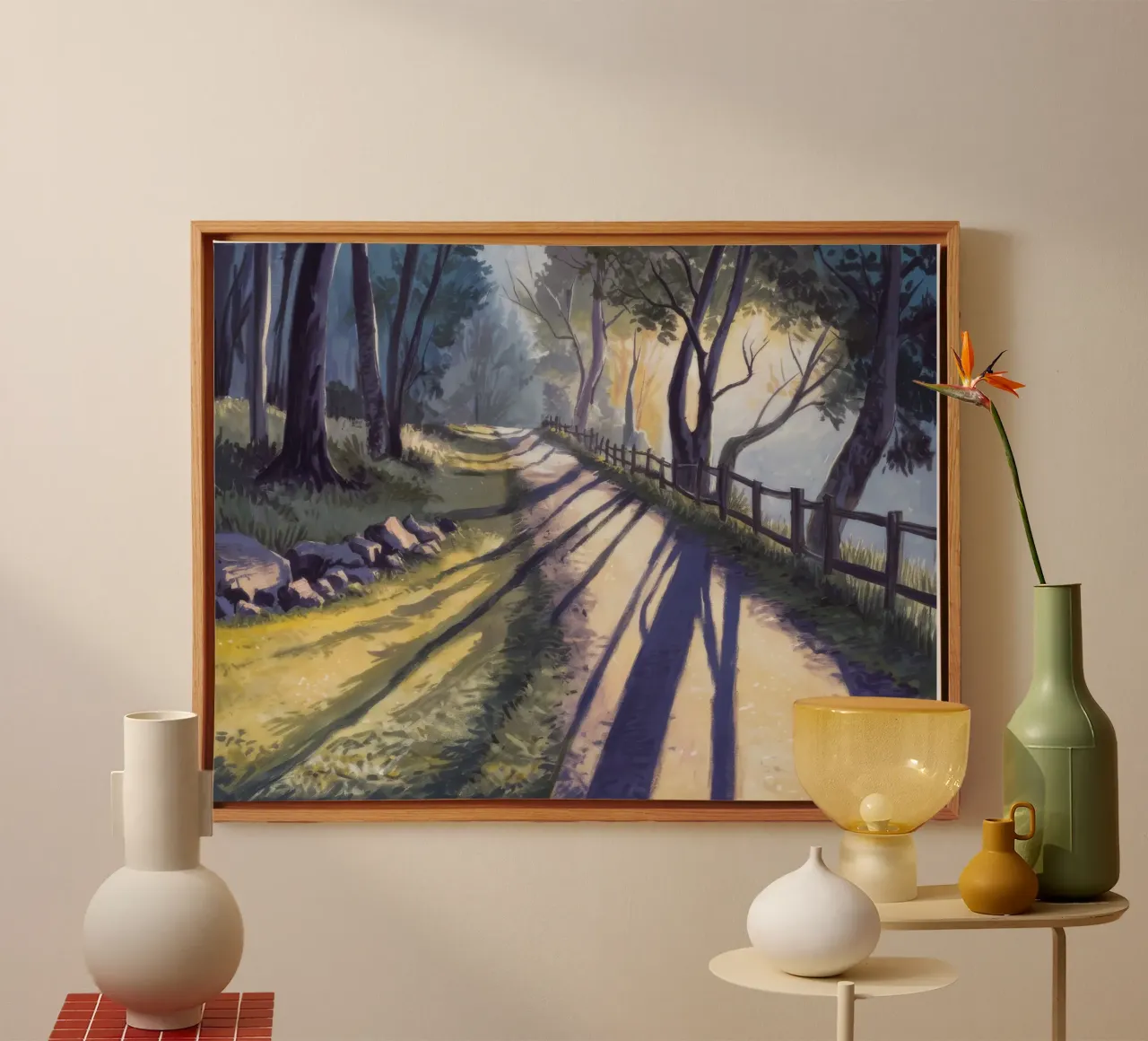 Sun Dappled Forest Path canvas with Floater frame by Opal Strokes