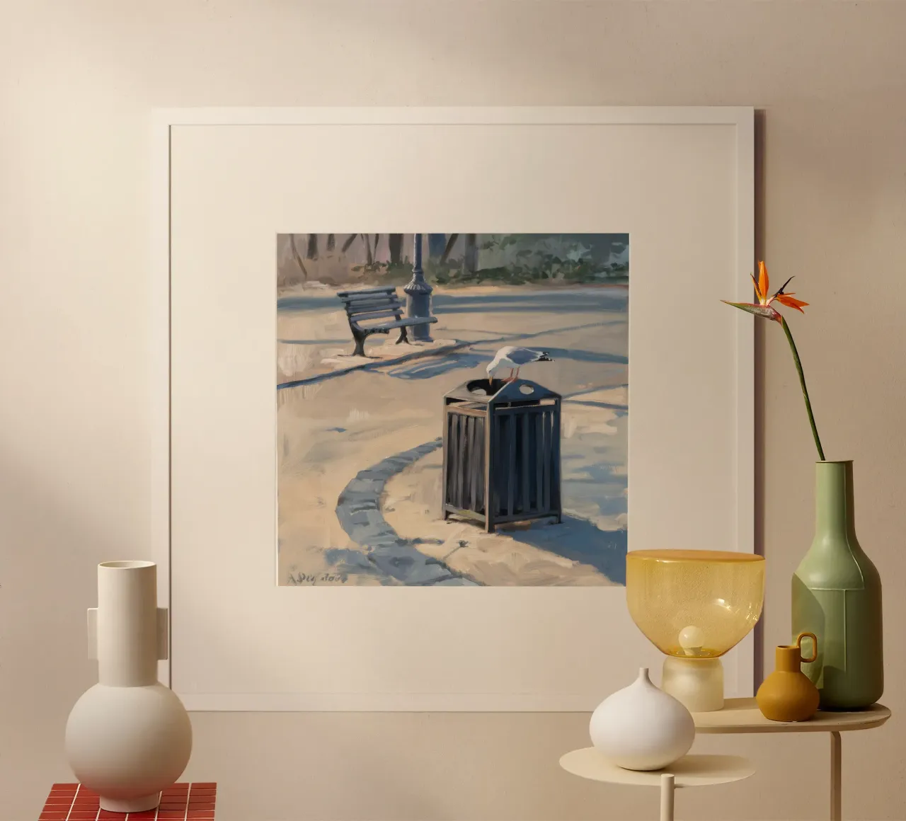 Recipiente per rifiuti urbani poster con telaio in legno da Opal Strokes