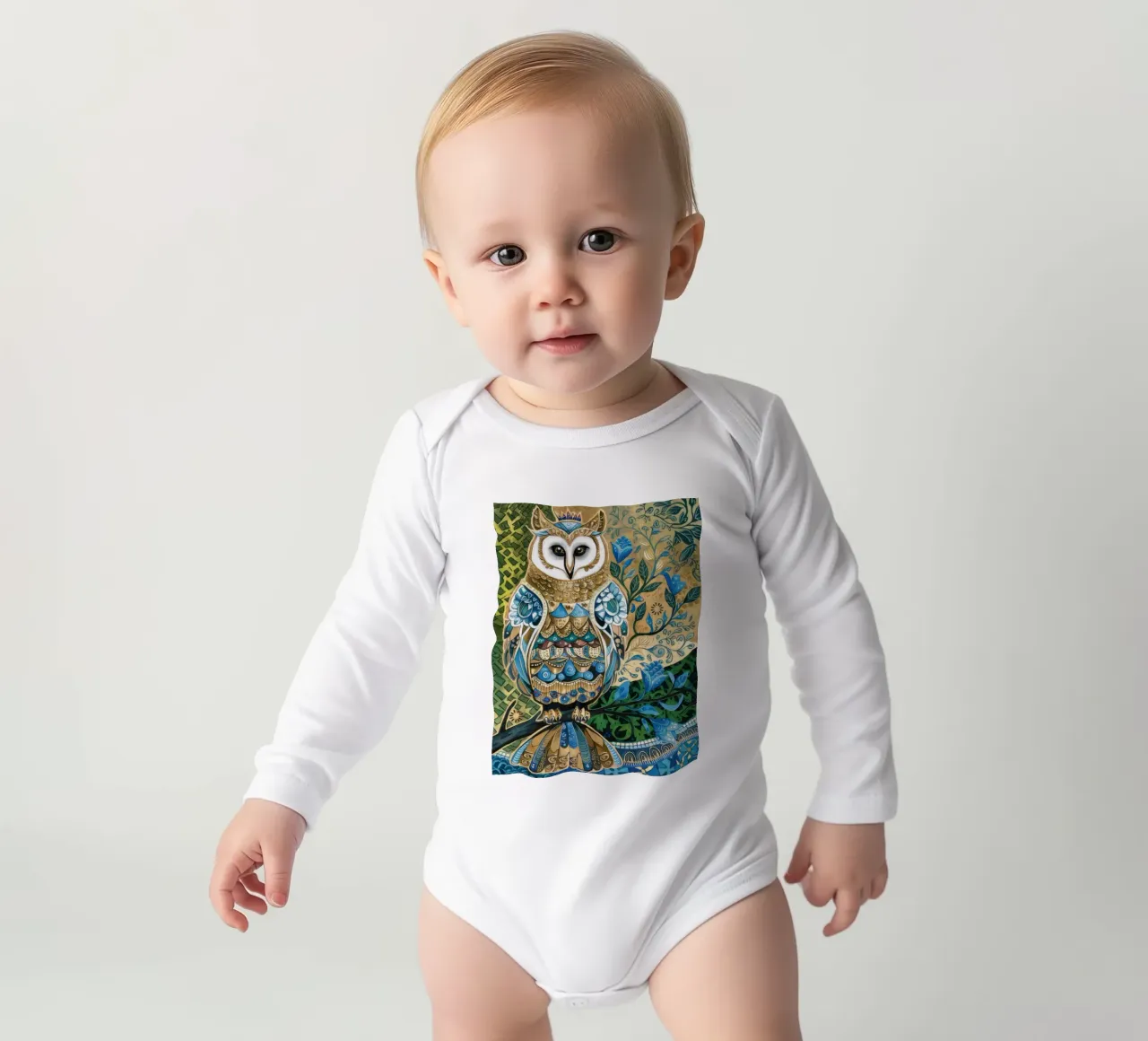 Ornate Owl Wisdom long-sleeve baby romper by Dream Spectrum