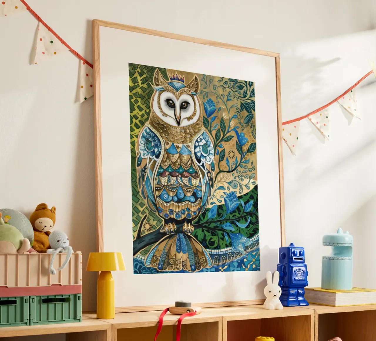 Gufo ornato Saggezza poster con telaio in legno da Dream Spectrum