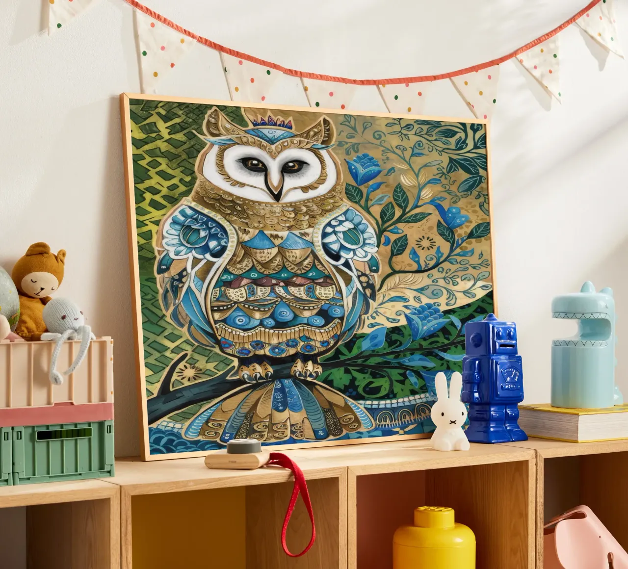 Gufo ornato Saggezza poster con telaio in legno da Dream Spectrum
