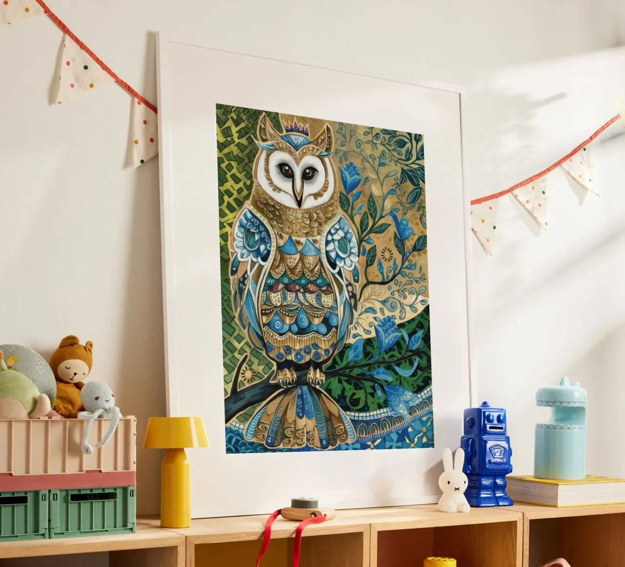 Gufo ornato Saggezza poster con telaio in legno da Dream Spectrum