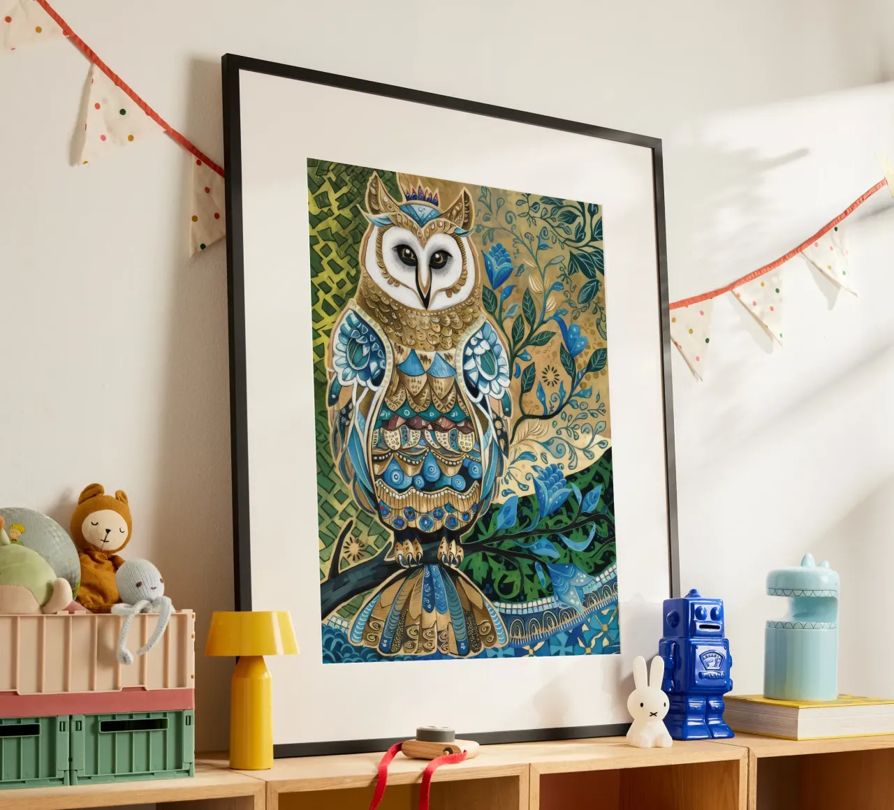 Gufo ornato Saggezza poster con telaio in legno da Dream Spectrum