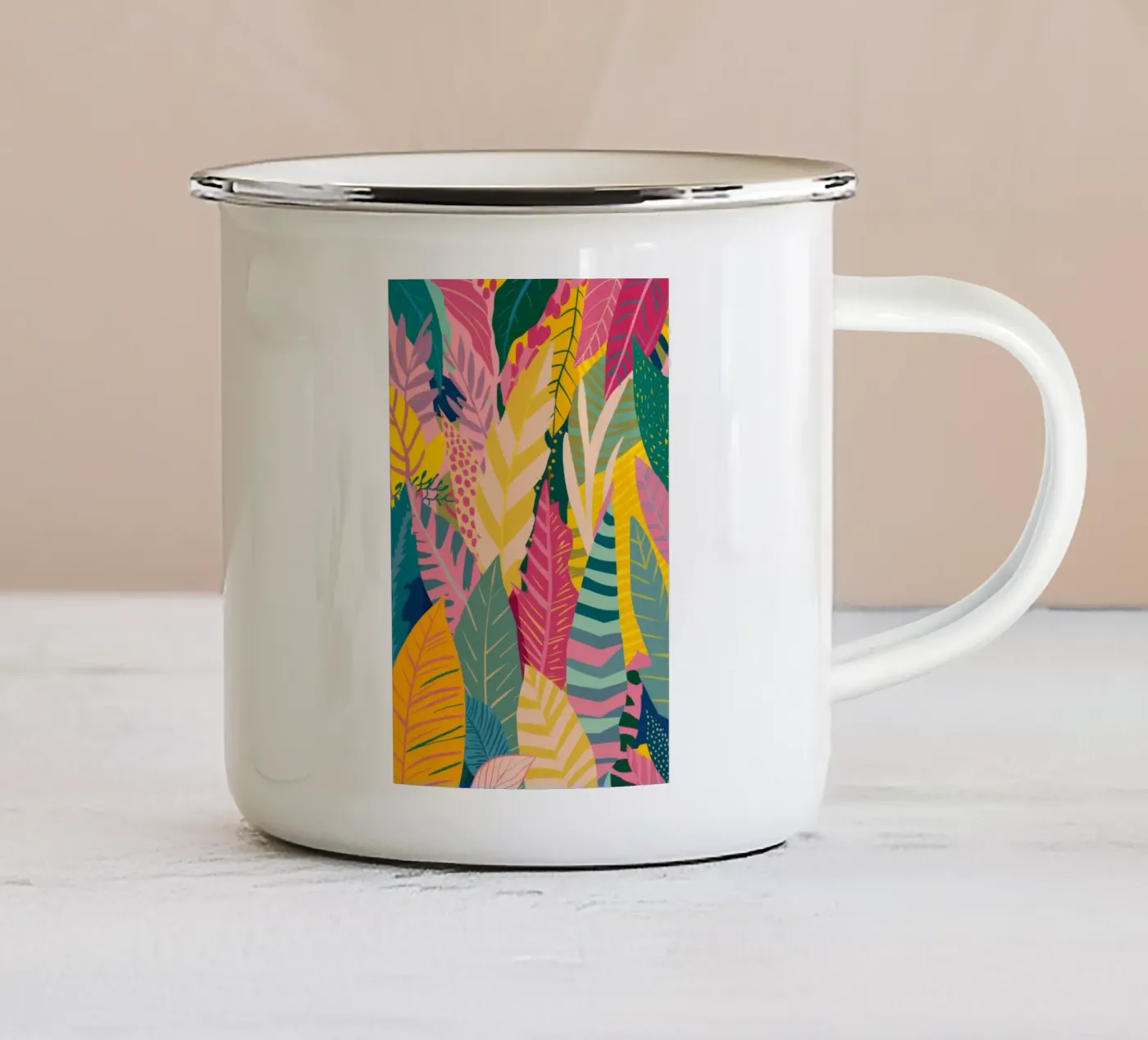Vibrant Leaf Pattern enamel mug by Silk Palette