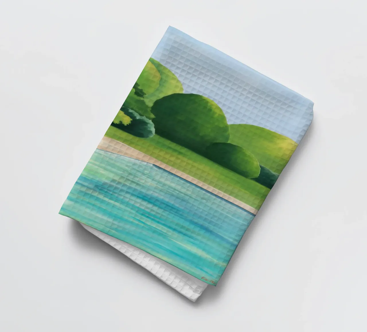 Emerald Poolside Serenity tea towel by Opal Strokes