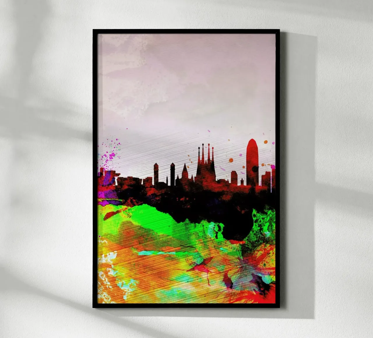 Barcelona Watercolor Skyline poster con telaio in legno da Naxart
