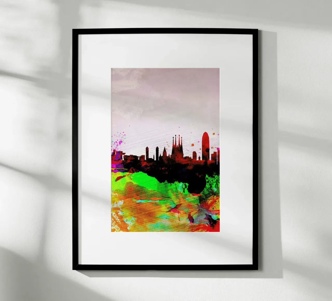 Barcelona Watercolor Skyline poster con telaio in legno da Naxart