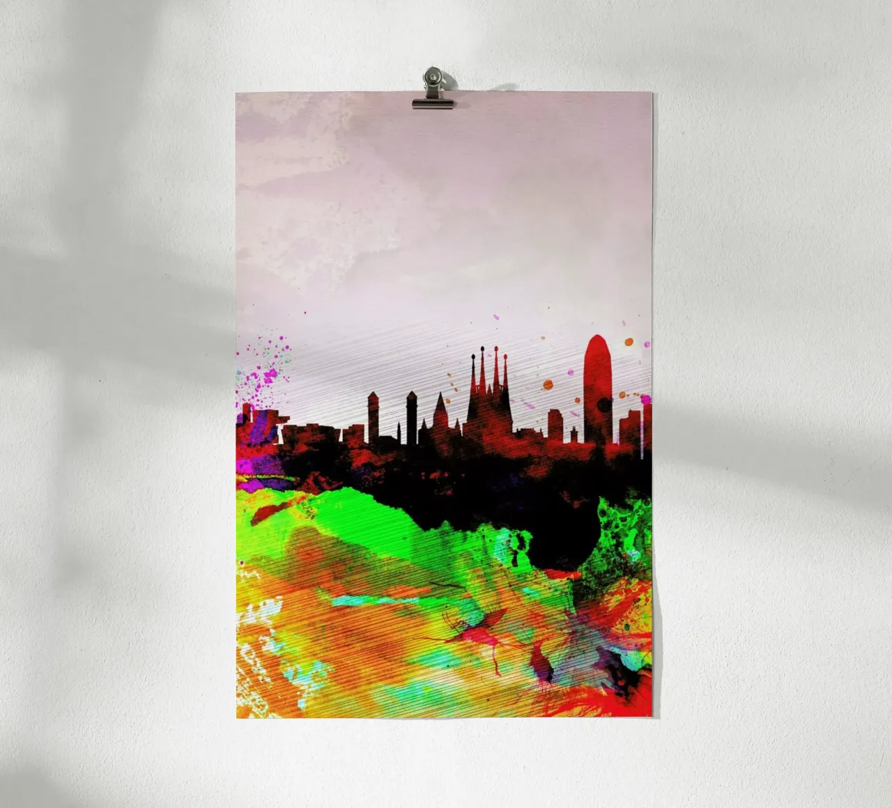 Barcelona Watercolor Skyline poster con telaio in legno da Naxart