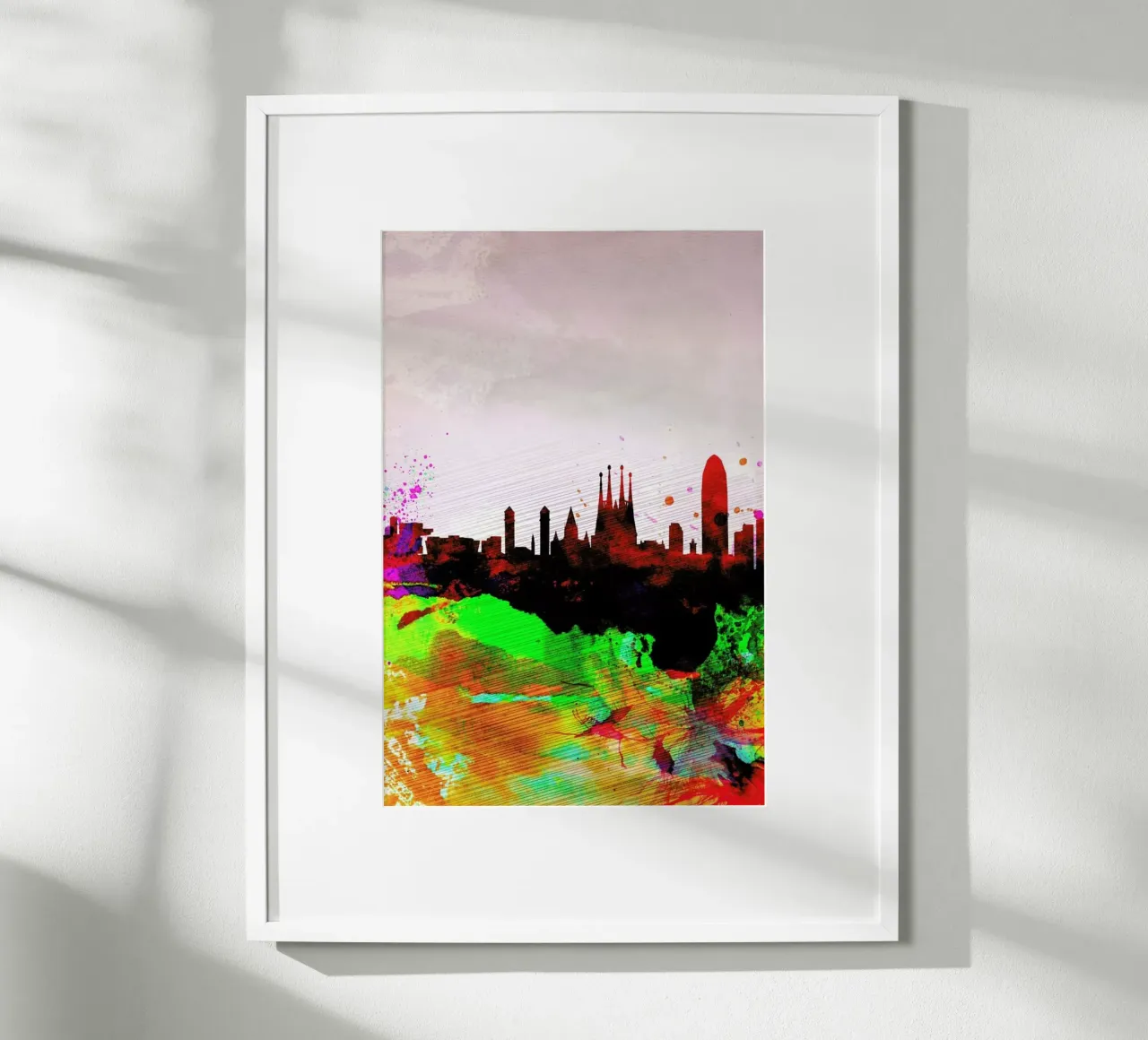Barcelona Watercolor Skyline poster con telaio in legno da Naxart