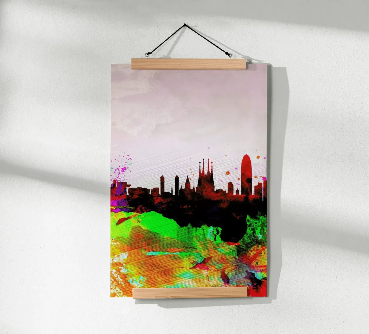 Barcelona Watercolor Skyline poster con telaio in legno da Naxart