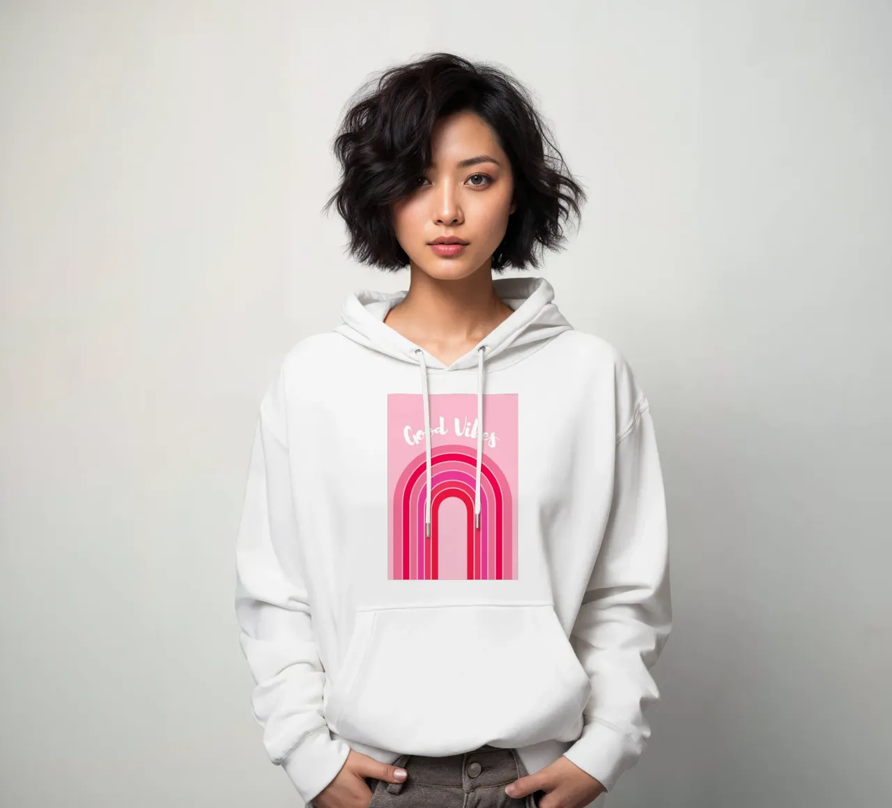 Good Vibes Rosa Grafica arcobaleno retrò con testo scritto a mano felpa con cappuccio da pdigitalprints