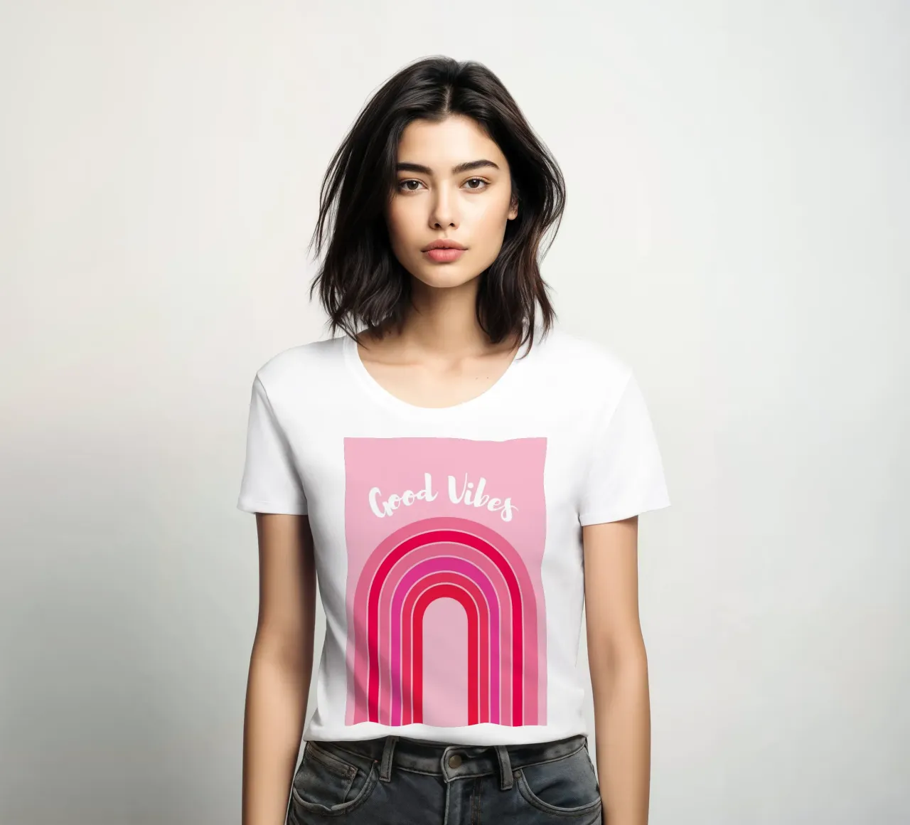 Good Vibes Rosa Retro Arco Iris Gráfico con Texto Escrito a Mano camiseta de mujer de pdigitalprints