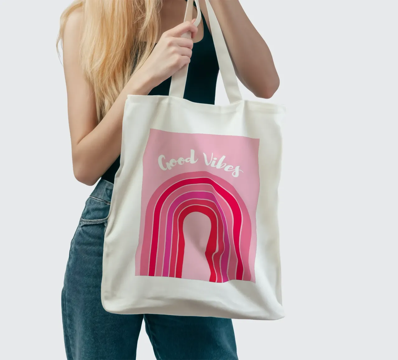 Good Vibes Rosa Grafica arcobaleno retrò con testo scritto a mano borsa in juta da pdigitalprints