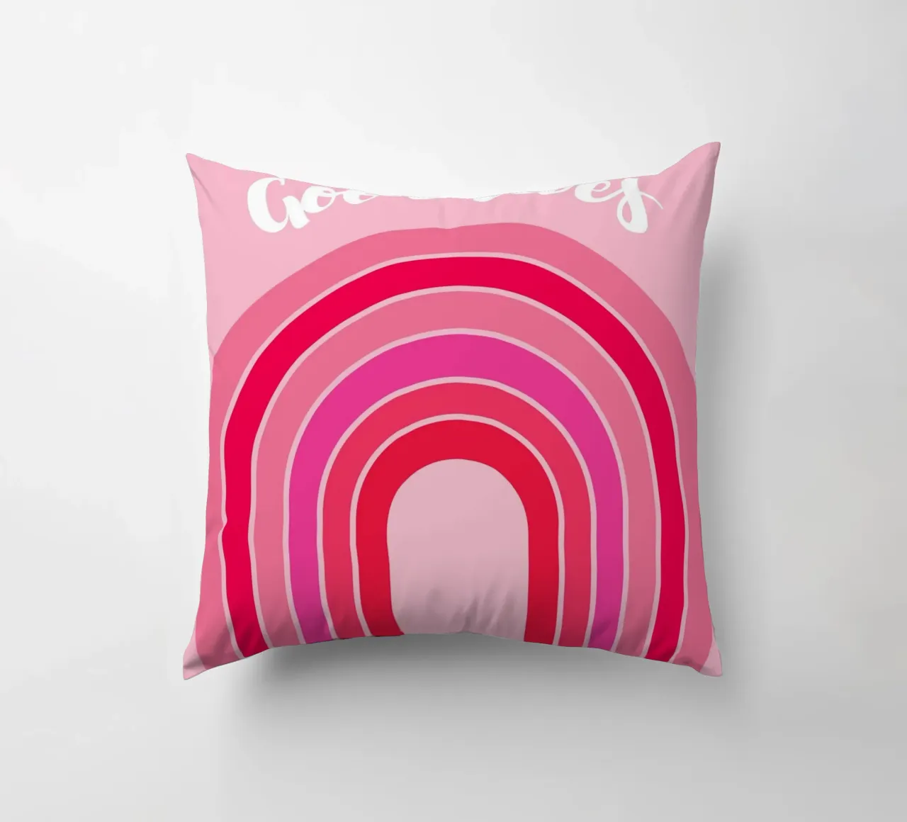 Good Vibes Rosa Grafica arcobaleno retrò con testo scritto a mano cuscino da pdigitalprints