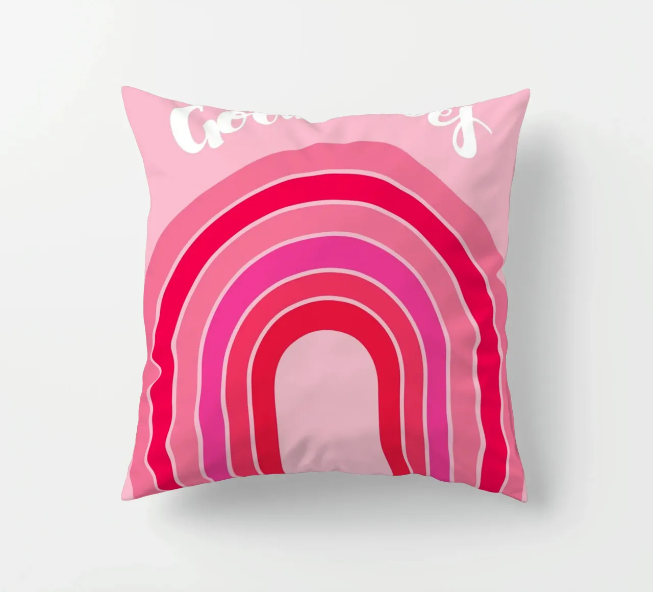 Good Vibes Rosa Grafica arcobaleno retrò con testo scritto a mano cuscino da pdigitalprints