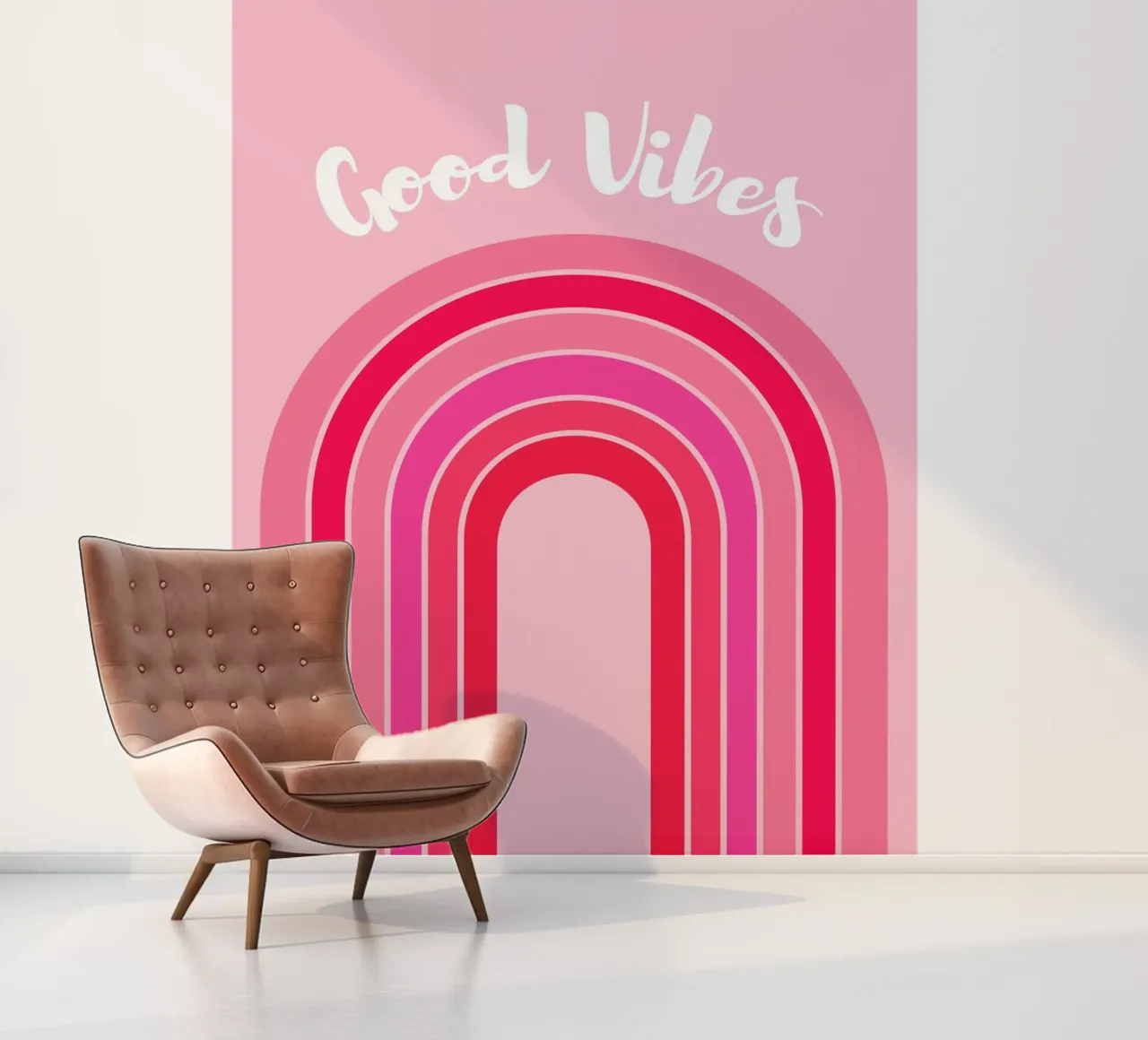 Good Vibes Rosa Retro Arco Iris Gráfico con Texto Escrito a Mano papel para pared de pdigitalprints