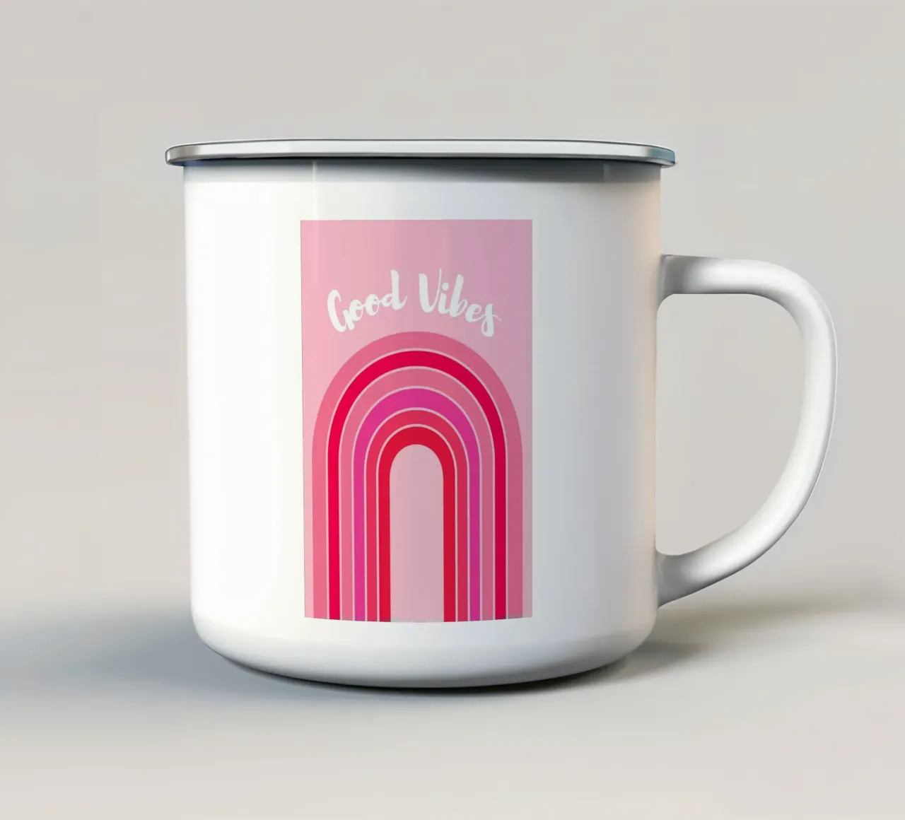 Good Vibes Rosa Grafica arcobaleno retrò con testo scritto a mano tazza in smalto da pdigitalprints