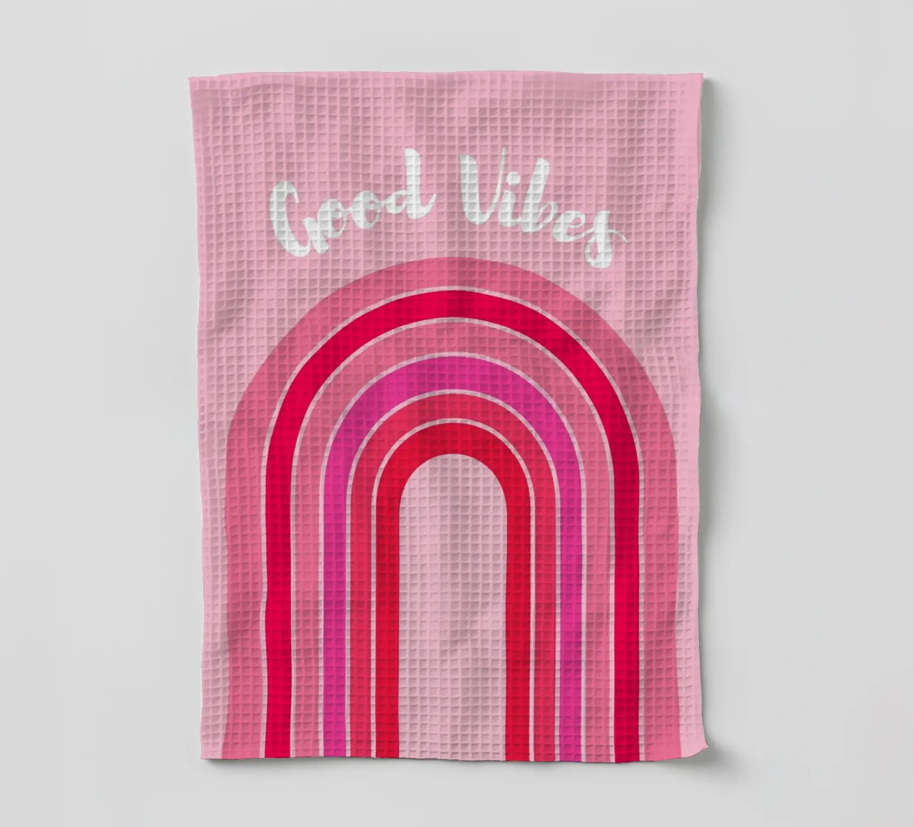 Good Vibes Rosa Grafica arcobaleno retrò con testo scritto a mano canovaccio da cucina da pdigitalprints