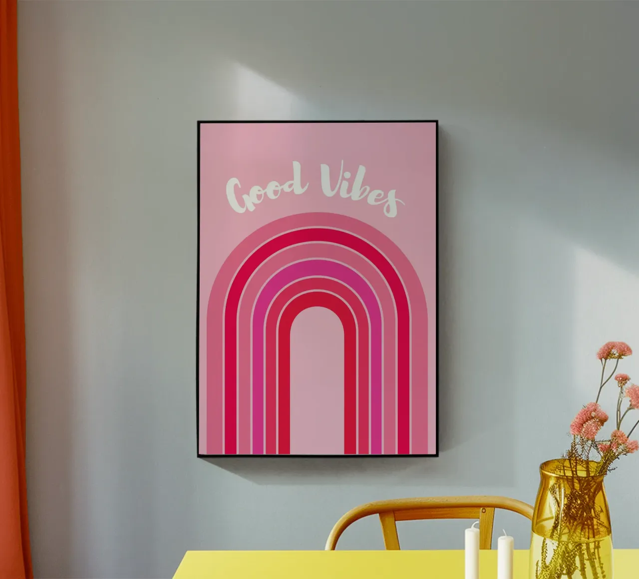 Good Vibes Rosa Grafica arcobaleno retrò con testo scritto a mano plexiglass da pdigitalprints