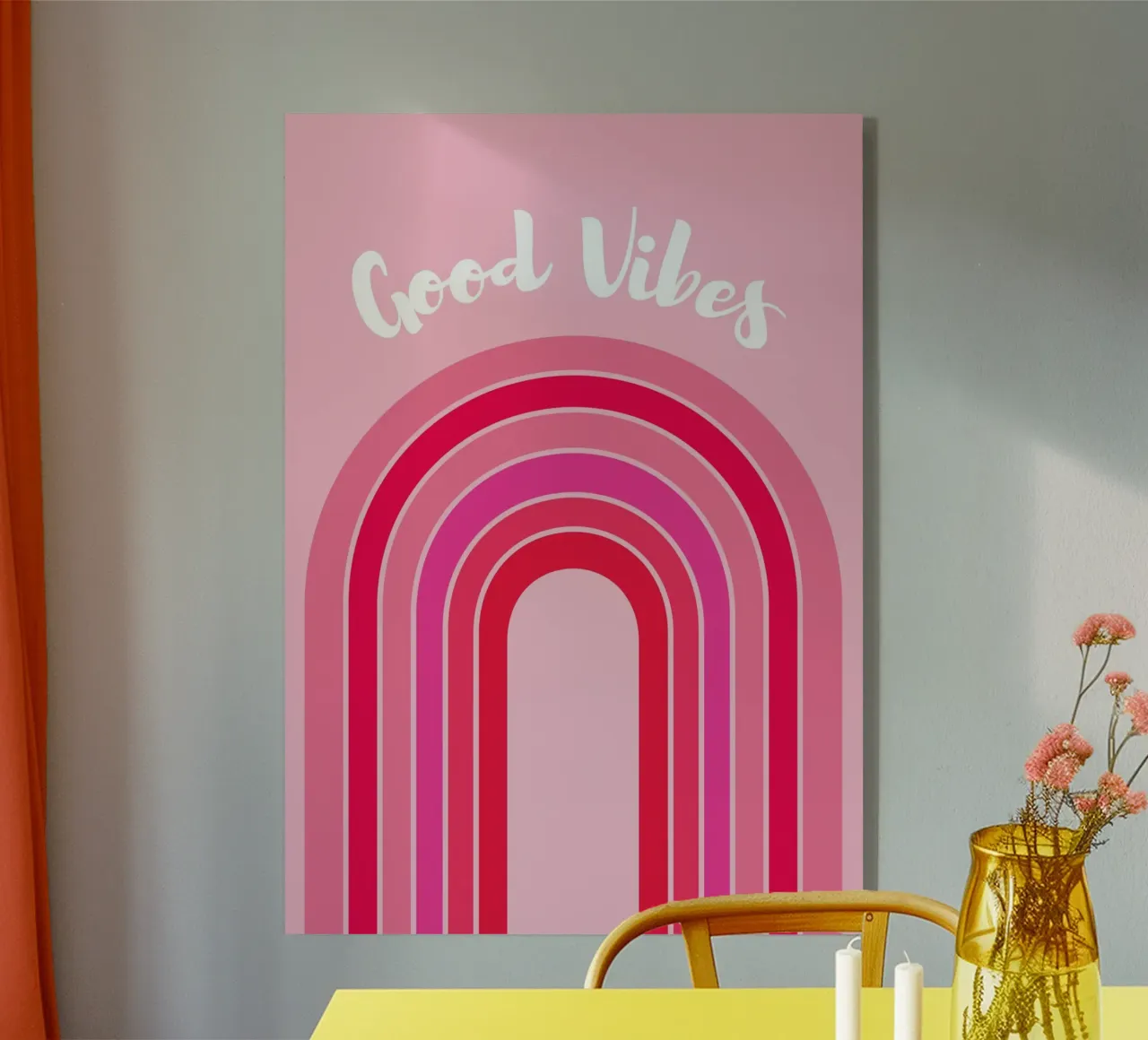 Good Vibes Rosa Grafica arcobaleno retrò con testo scritto a mano plexiglass da pdigitalprints