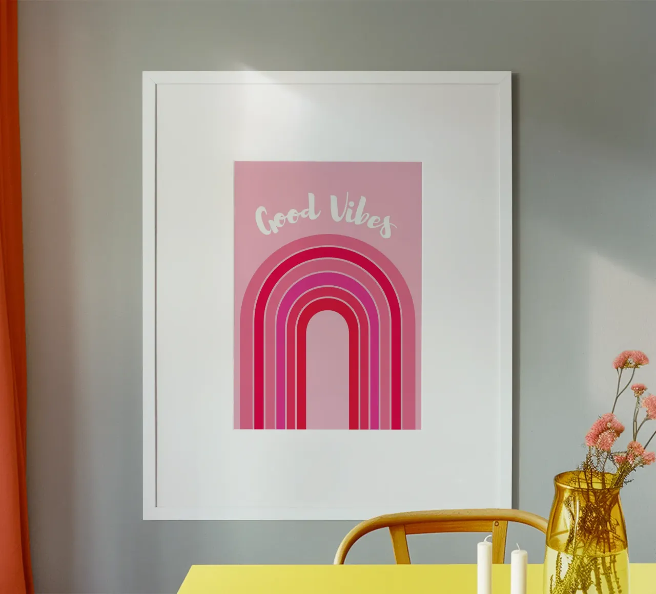 Good Vibes Rosa Grafica arcobaleno retrò con testo scritto a mano carta hahnemühle da pdigitalprints