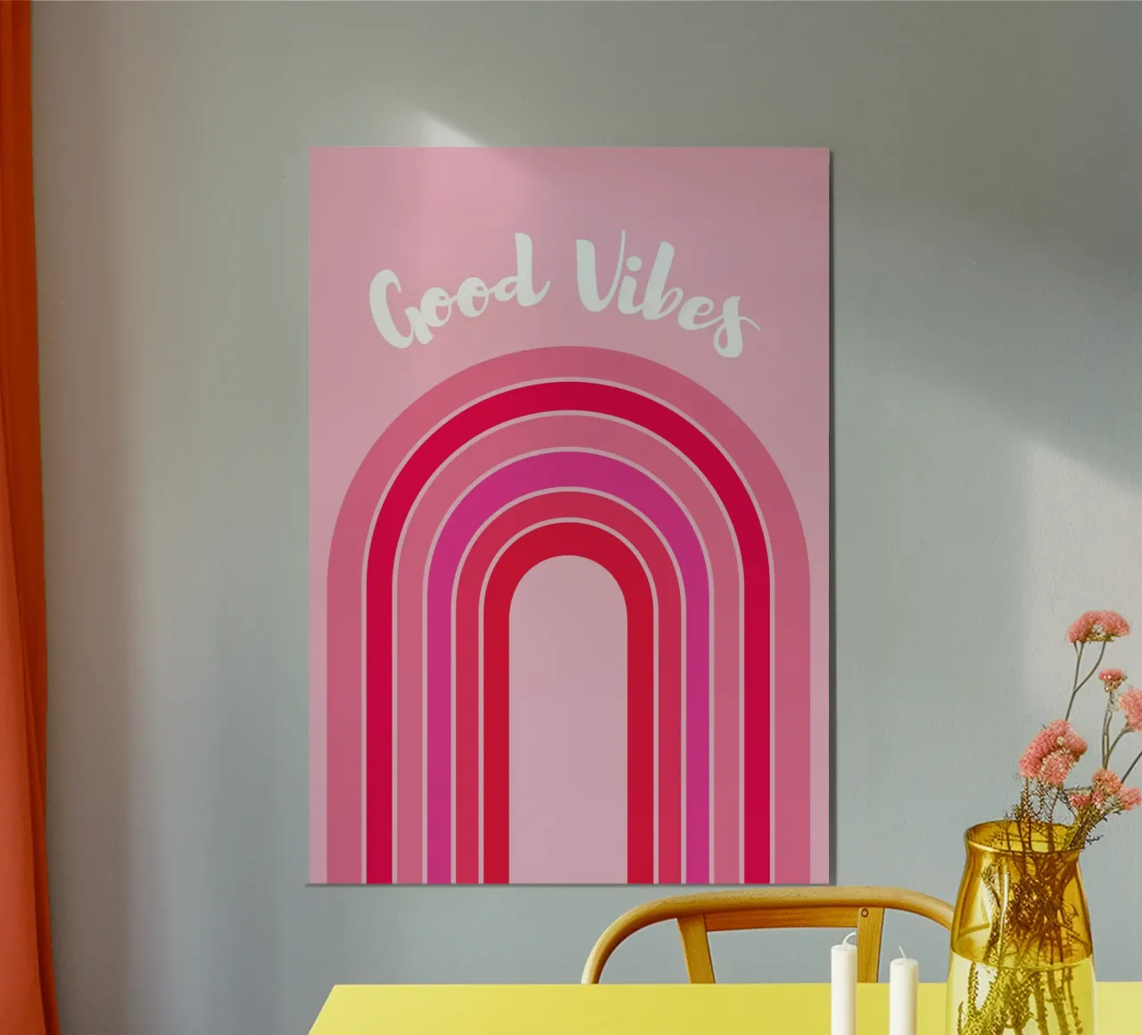 Good Vibes Rosa Grafica arcobaleno retrò con testo scritto a mano carta hahnemühle da pdigitalprints