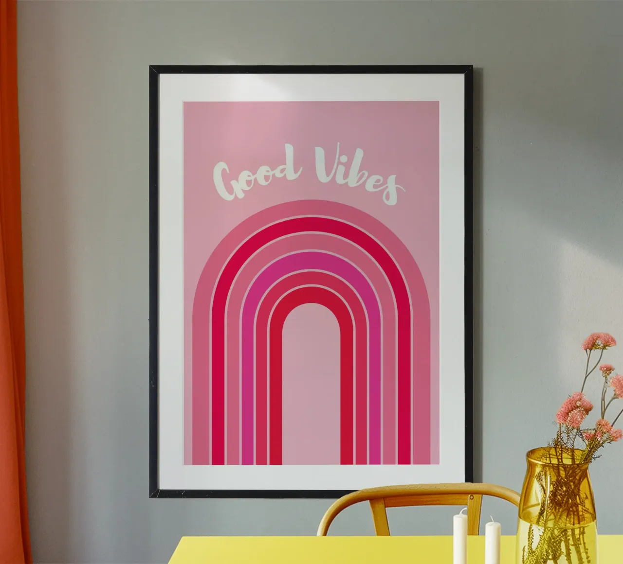 Good Vibes Rosa Grafica arcobaleno retrò con testo scritto a mano carta hahnemühle da pdigitalprints