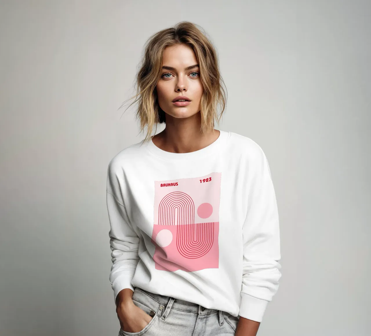 Geometrisch abstract ontwerp in Bauhaus-stijl in roze en rood sweatshirt van pdigitalprints