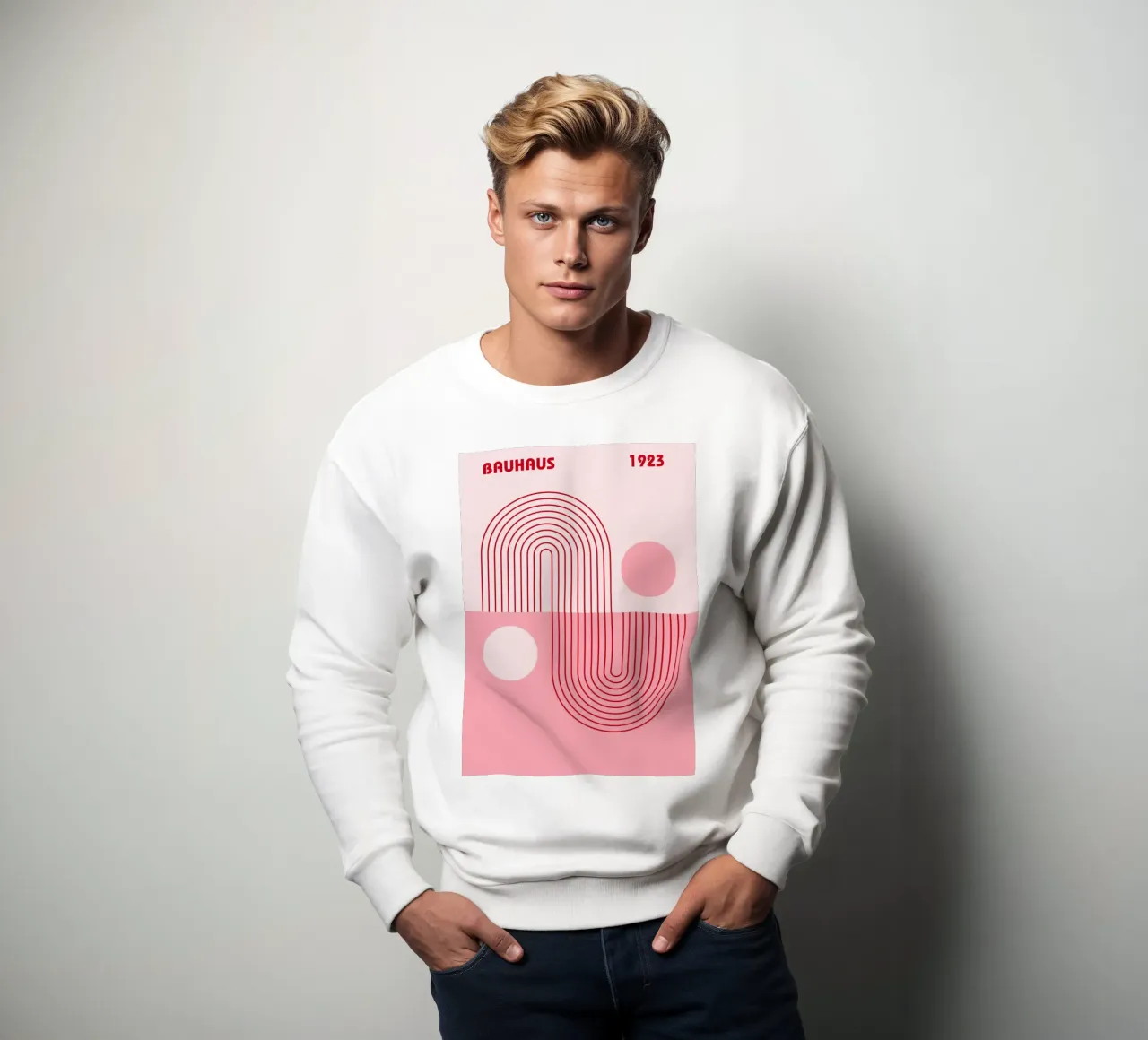 Geometrisch abstract ontwerp in Bauhaus-stijl in roze en rood sweatshirt van pdigitalprints