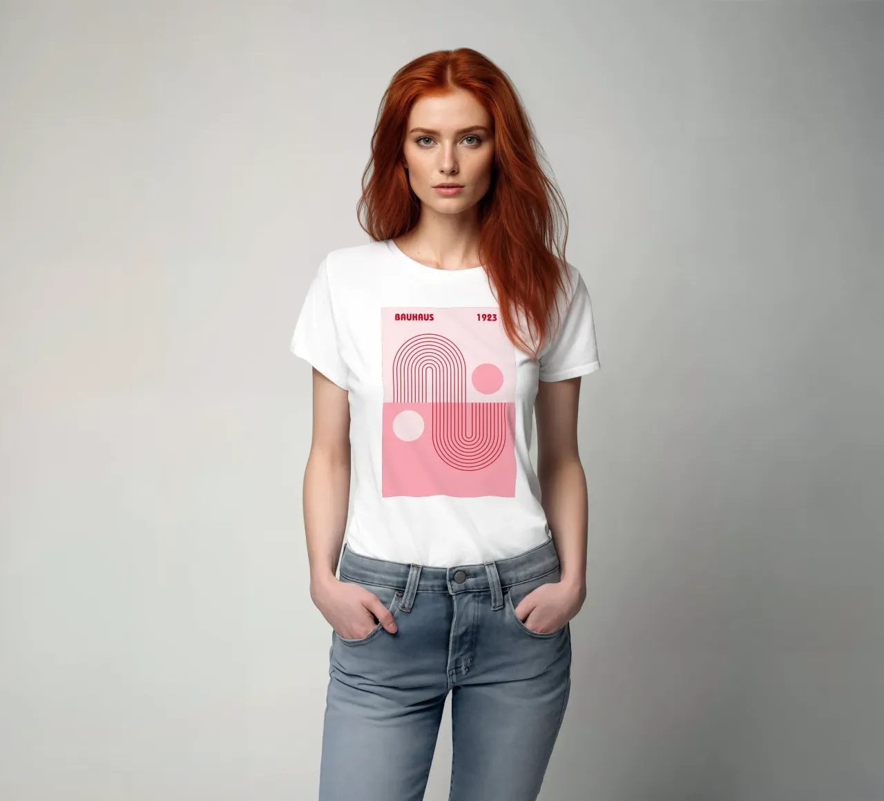 Geometrisch abstract ontwerp in Bauhaus-stijl in roze en rood t-shirt van pdigitalprints