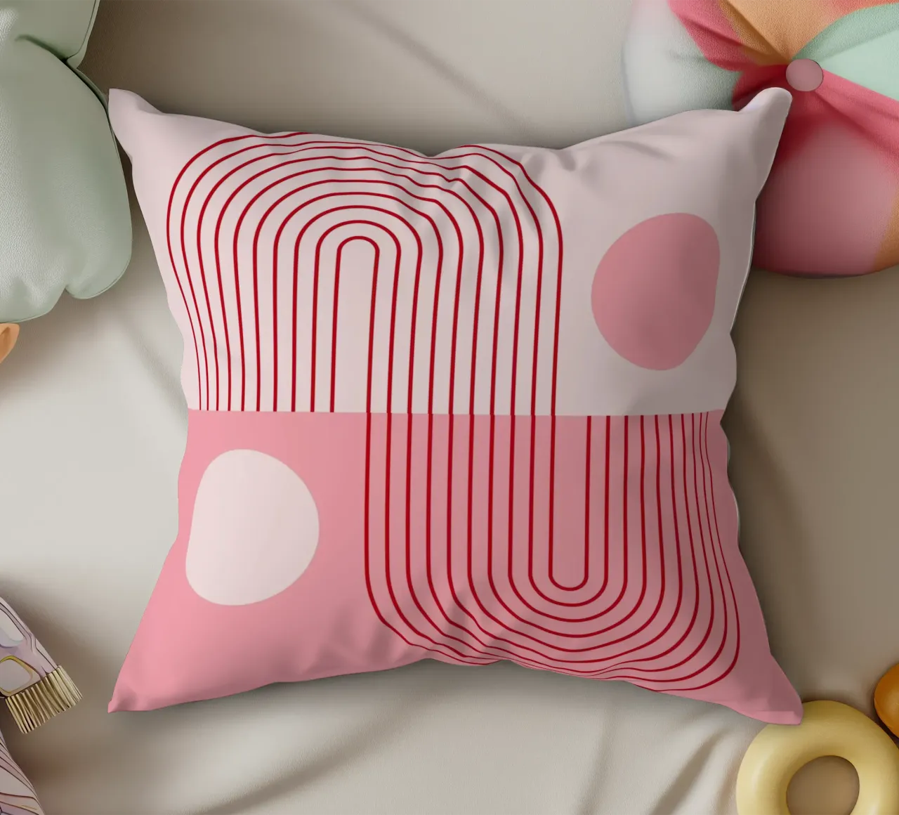 Geometric Bauhaus Style Abstract Design in Pink and Red decorative cushion by pdigitalprints
