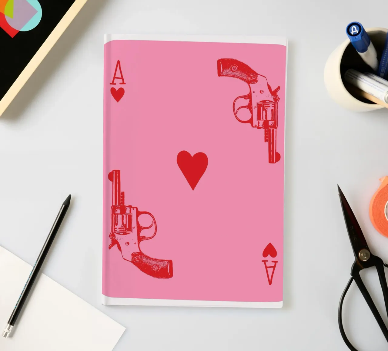 Ace of Hearts Pop Art with Vintage Revolvers in Pink and Red notebook by pdigitalprints