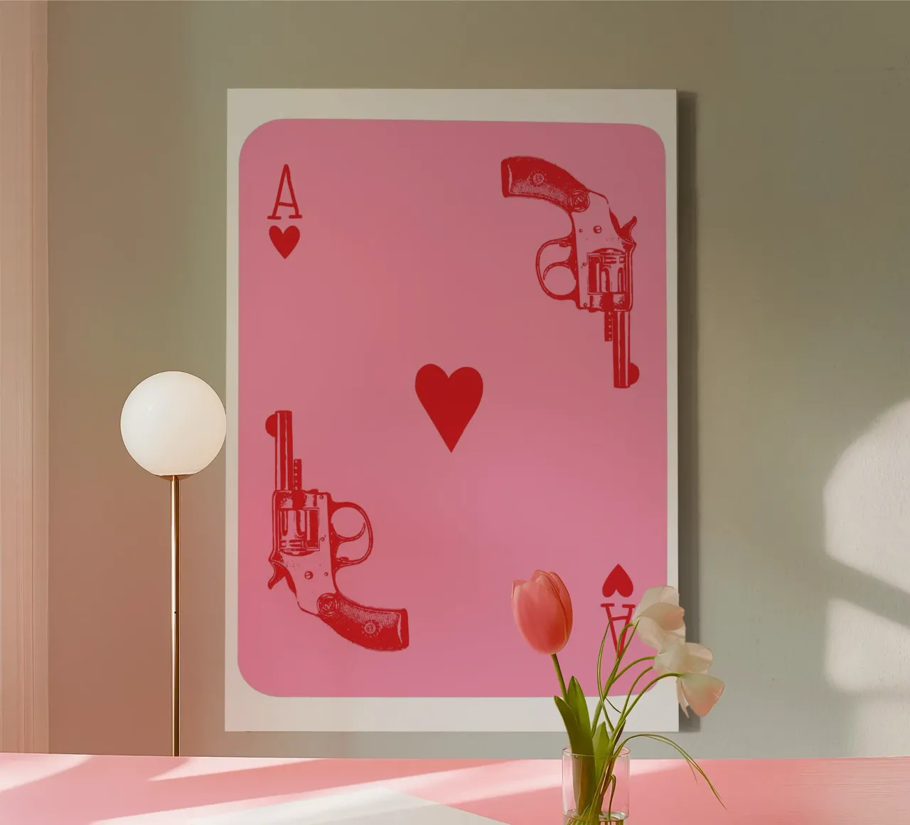 Ace of Hearts Pop Art with Vintage Revolvers in Pink and Red canvas by pdigitalprints